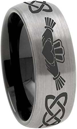 EMYF 8mm Tungsten Irish Wedding Ring Brushed Matte Silver Black Dome Personalized Mens Ring Size 7 to 13