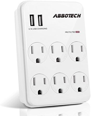 AbboTech Multi Outlet Wall Mount Adapter 900J Surge Protector Wall Tap With 6AC Outlets And Dual 3.1AMP USB Charging Ports,Child-Resistant Cover,White,ETL Certified