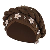 Bravetoshop Muslim Hat Pleated Twist Turbans for Women African Printing India Chemo Cap Flower Headwrap Coffee