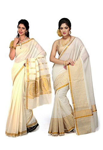 selvamani tex cotton kerala kasavu zari saree with blouse pack of 2