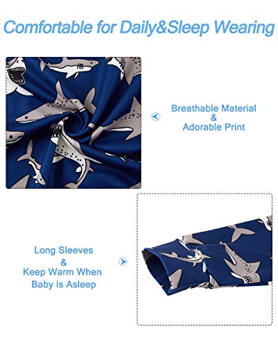 Kids4ever Shark Printed Baby Coveralls Lap Shoulder Pajamas Jumpsuit Long Sleeve Romper