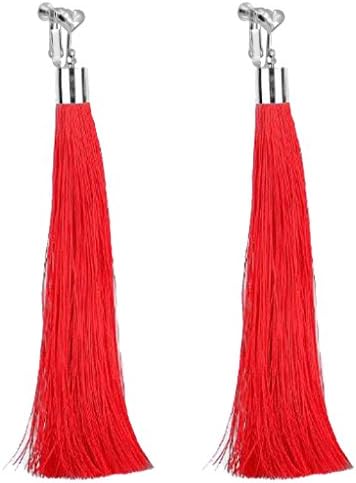 Bohemian Red Super Long Tassel Clip on Earrings Dangle For Girls Women Party Prom with Gift Pox