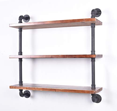 Diwhy Industrial Pipe Shelving Bookshelf Rustic Modern Wood Ladder Storage Shelf 3 Tiers Retro Wall Mount Pipe Dia 32mm Design DIY Shelving (Black, L 36") - Thumbnail 2