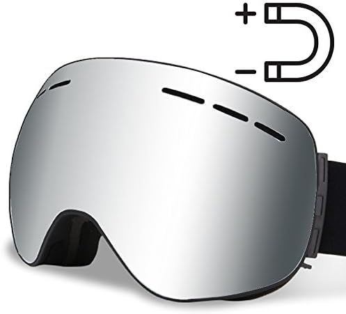 Homto Ski Snowboard Goggles OTG for Men Women Youth Over The Glasses Anti-fog No Fog Magnetic Detachable Lens Anti-Slip Strap, REVO HD Ultra-wide UV400 Protection (silver)
