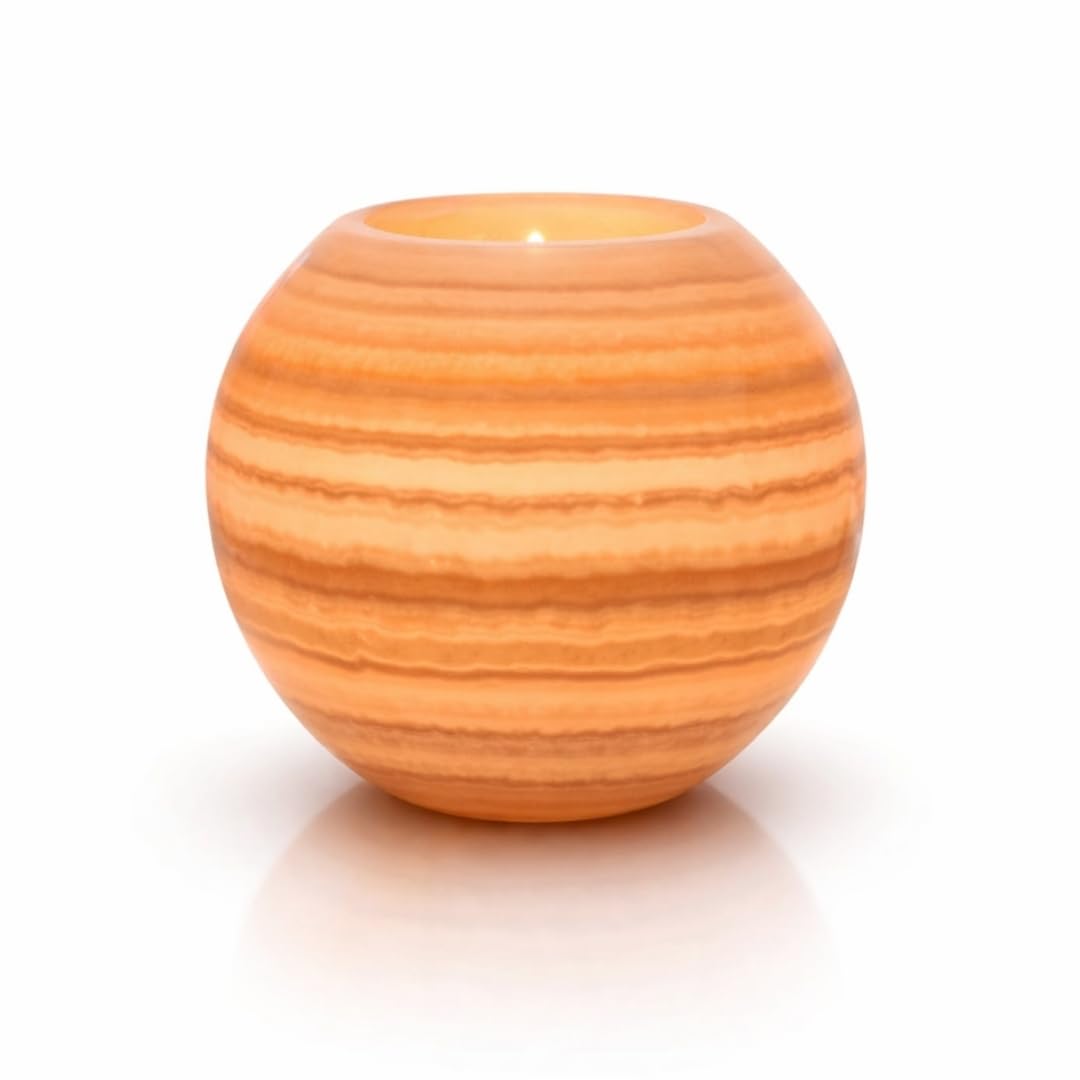 Single Alabaster Candle Holder - Egyptian Tealight and Votive Candles Holders with Amber Glow for Home Décor Natural Stone Soothing Tranquil Aurora