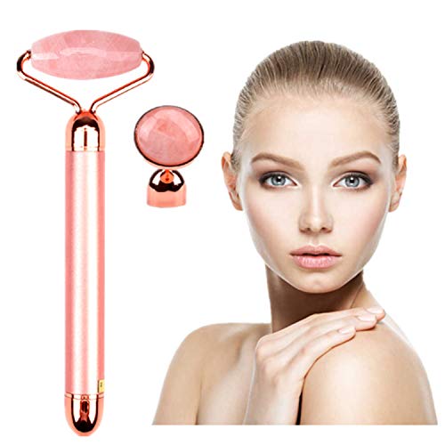 2-IN-1 Electric Jade Roller Facial Massager, Nature Rose Quartz Beauty Bar Face Roller Kit, Arm Eye Nose Massage Stone for Face Lift,Anti-Aging,Anti-Wrinkles,Skin Tightening,Face Firming