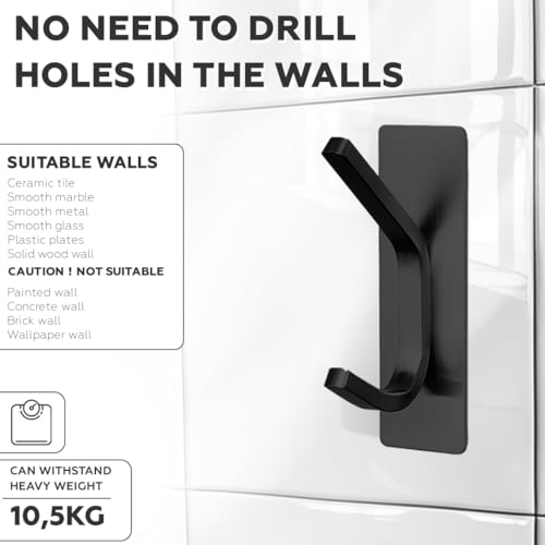 AMROAH 4pcs Stainless Steel Adhesive Hooks Wall Mounted, Heavy Duty Storage Wall Mount Hooks for Hanging Coat Clothes Towels Hat Bags for Home Entryway Bathroom Bedroom Kitchen Living Room (Black)