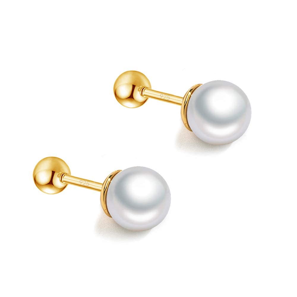 Simulated Pearl Stud Earrings for Women Girls 925 Sterling Silver Screw Back Helix 20G Barbell Piercing Sleeper Cartilage Tragus Earring Dainty Freshwater Jewelry Hypoallergenic Gift Birthday (5.5mm)