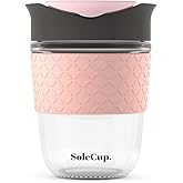 SoleCup. - Reusable Strengthened Glass Travel Cup - Spill Proof Insulated Coffee Mug - 12oz/340ml BPA-Free Hot Drink Travel Mug with Lid & Silicone Band (Gray and Pink, 12oz)