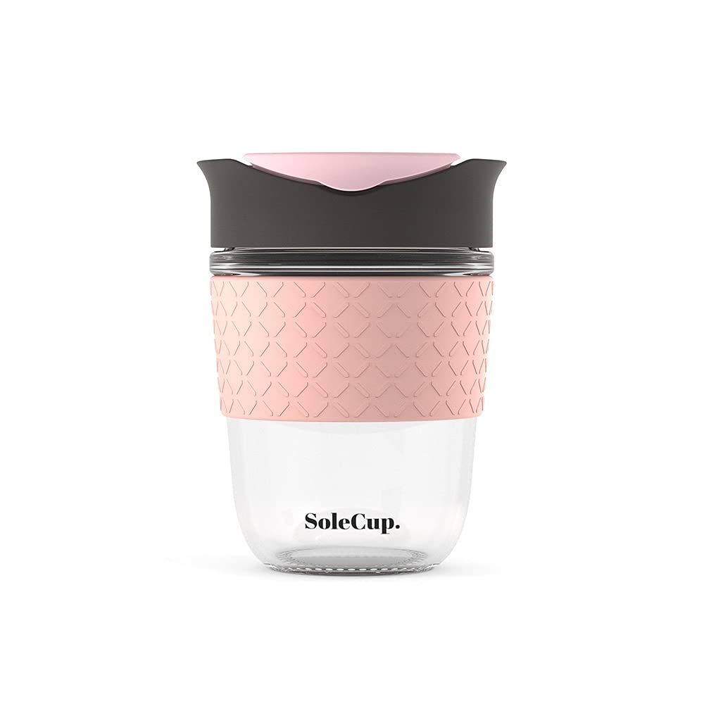 SoleCup. - Reusable Strengthened Glass Travel Cup - Spill Proof Coffee Mug - 12oz/340ml BPA-Free Hot Drink Travel Mug with Lid & Silicone Band (Grey and Pink, 12oz / 340ml)