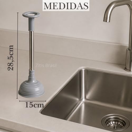 Desentupidor Pia Ralo Banheiro Cozinha Alta Pressao Ventosa Forte Cabo Metal Resistente Limpeza Encanamento Desobstrucao Manual Compacto Facil Uso Pia Tanque Vaso Sanitario Universal Multiuso (Cinza)