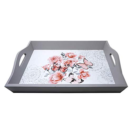 GB HOME COLLECTION gbHome GH-6744 Decorative Wooden Serving Tray with Floral Art, Breakfast Tray for Carrying Drinks Letters Mail, 15 x 11 in (38 x 28 cm) Display Piece, Modern Design