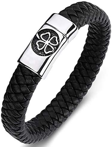 Sxuefang Mens bracelets,Men'S Leather Titanium Steel Bracelet, Four-Leaf Clover Magnet Buckle Stainless Steel Bracelet 16.5cm/18.5cm/20cm