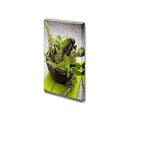 Canvas Prints Wall Art - Still Life Fresh Aromatic Herbs in a Mortar on Glass Table | Modern Wall Decor/Home Decoration Stretched Gallery Canvas Wrap Giclee Print & Ready to Hang - 18" x 12"
