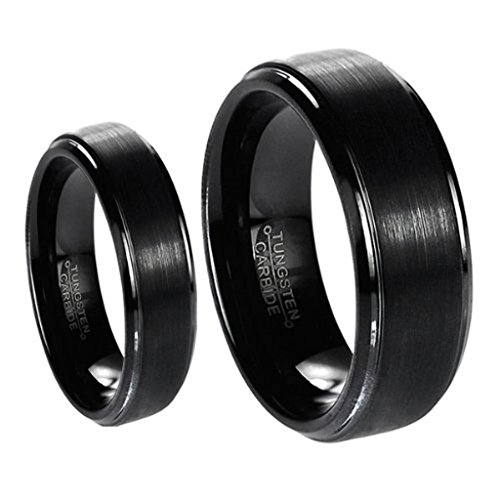 His & Her's Matching Set 6mm / 8mm Black Brushed Center with Polished Edge Tungsten Carbide Wedding Band Set