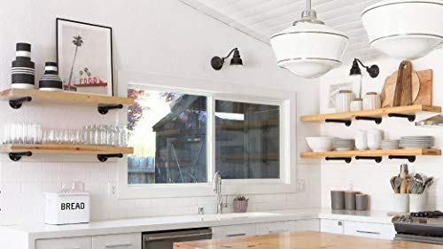 Yuanshikj 4Pc (10" deep 3/4" Pipe) Industrial Wall Mount Iron Pipe Shelf Shelves Shelving Bracket Vintage Retro Black DIY Open Bookshelf DIY Storage Home Improvement Kitchen (4Pc 10" Deep) - Thumbnail 5