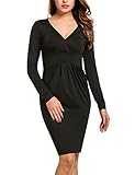 ANGVNS Women Sexy V-Neck Long Sleeve Pleated Bodycon Pencil Dress