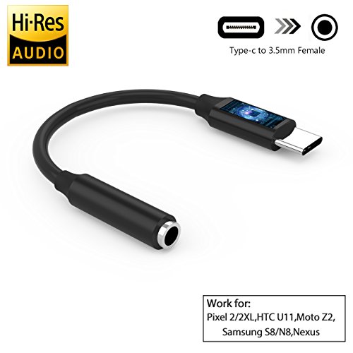 AirsFish Compatible Pixel 2 USB C to 3.5mm Audio Adapter, Type C Male to 3.5mm Female Stereo Earphone Converter,Realtek Chip/Hi-res/DAC Headphone Cord Compatible for Pixel 2/2XL,HTC U11,Moto Z2,Nexus