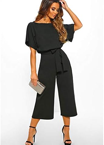 Mono De Verano Mujer Negro Con Cordones Mono De Mameluco General O Cuello De Manga Corta Pierna Ancha Mono Suelto Elegante Negro Xl Amazon Es Ropa Y Accesorios