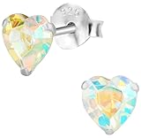 Hypoallergenic Sterling Silver Aurora Borealis Crystal Heart Stud Earrings for Kids (Nickel Free)