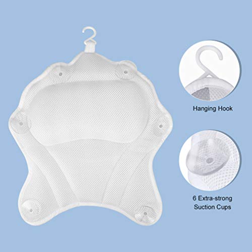 Bath Pillow and Shower Cap, Bathtub pillow with 3D Air Mesh, 6 Suction Cups, Mold Resistant, Machine Washable,Quick Dry - Thumbnail 3