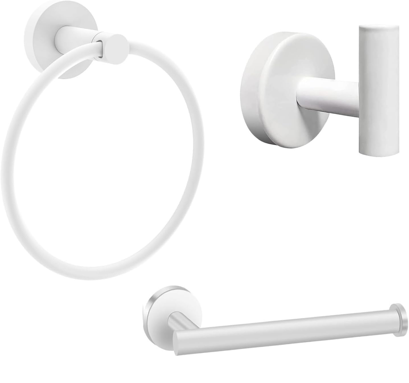 YUET Bathroom Hardware Accessories Set - SUS 304 Stainless Steel Brushed Wall Mounted Rack, Towel Ring Bar + Toilet Paper Roll Holder + Robe Hook, Bath Accessory Hooks (White)