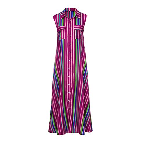 2019 New Womens Bohemia Casual Striple Dress Casual Button Sleeveless Dresses Summer Loose Party Long Maxi Dress (Hot Pink, XL)