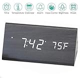AZbornaz Wood Alarm Clock Block, Wooden LED Digital Electronic Bedside Shelf Desk Display – Wireless Battery Power, USB Charger, Dimmable, Calendar Date, Temperature, Voice Control – Modern Black