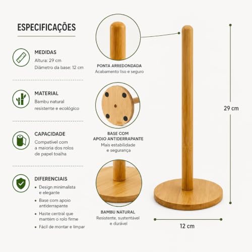 Porta Papel Toalha de Bambu Natural 29 cm Vertical para Cozinha Suporte para Rolo de Papel Toalha Papel Alumínio e Filme PVC Resistente e Multiuso
