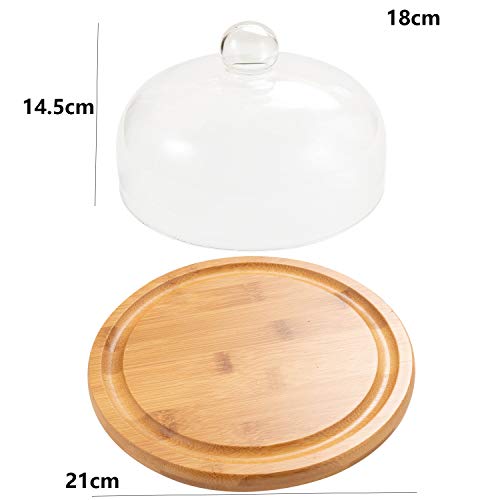 Wood Cake Stand with Dome Glass Cheese Pastry Dome Plate Bamboo Tray Dessert Stand Server Serving Platter Use as Salad Punch Bowl/Veggie Desert Platter Ø 21x16cm