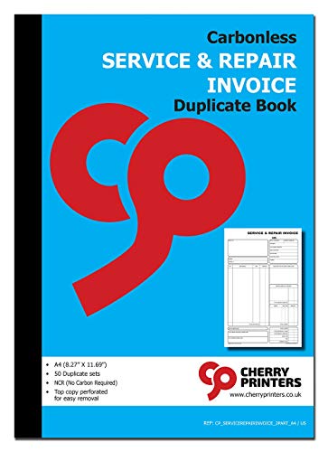Cherry Service & Repair Invoice, 2-Part Carbonless Book, 8.27 x 11.69 Inches, 50 Sets Per Book