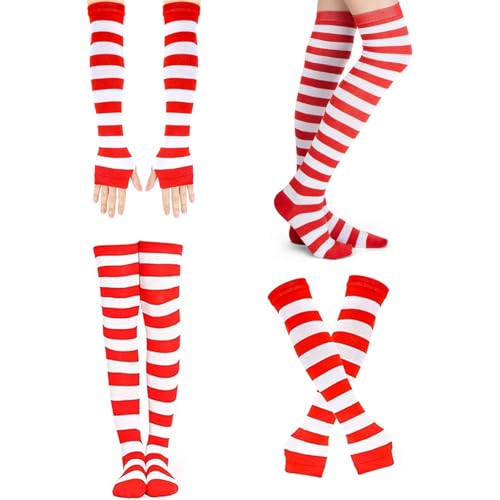 MCPINKY Red and White Striped Socks, Including Candy Cane High Knee Socks Long Arm Warmer Gloves, 2 Pair Crazy Outfits for Girls Women Holiday Themed Party Cheerleading Sports Costume