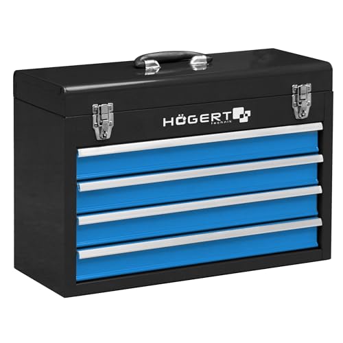 Hoegert Technik Tool Box with 4 Drawers with Ball Guides - Metal Lock Plastic Handle - 52 cm x 21.8 cm x 36 cm