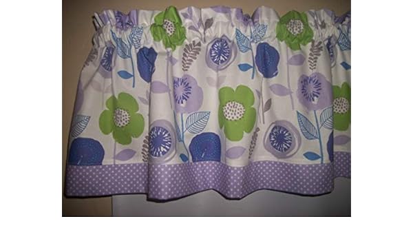 Purple Lavender Lime Green Flowers Polka Dot Fabric Curtain Topper