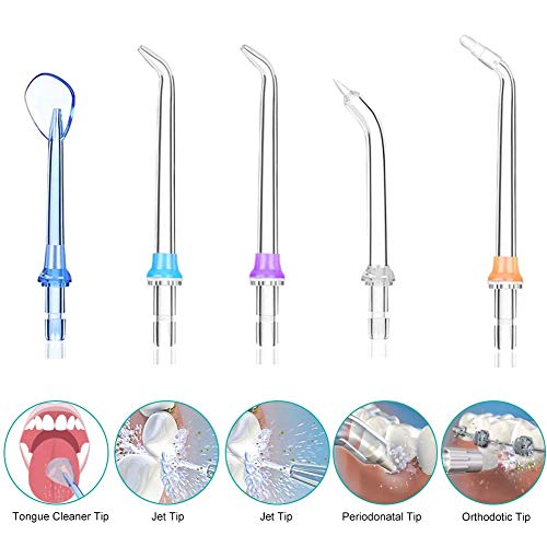 Replacement Professional 5 Dental Water Jet Nozzle Accessories, 2 Jet Tips, 1 Orthodotic Tip, 1 Orthodotic Tip, 1 Periodonatal Tip, 1 Tongue Cleaner Tip for Duomishu Water Flossers