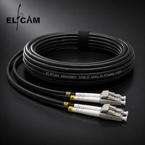 Elfcam® - 35M/114.8ft Fiber Optic Cable with Corrugated Steel Armor LC/UPC for LC/UPC OM3 Multimode Duplex 50/125um LSZH, Suitable for Outdoor and Indoor Installations, Black, 35M