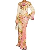Stllerua Women's Summer Bohemian Maxi Dress V Neck Long Bell Sleeve Floral Print Dress Casual Vacation Dresses