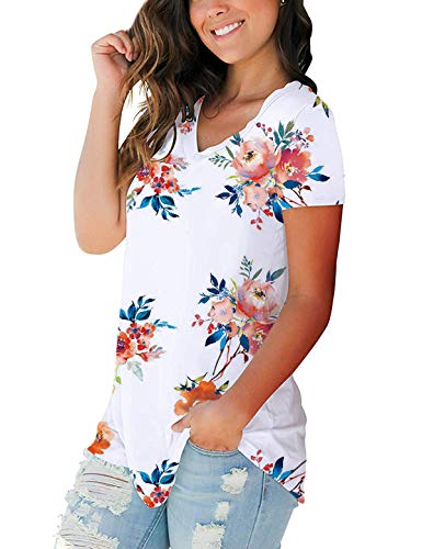 Women's T Shirts Short Sleeve V-Neck Loose Casual Basic Tee Tops Summer T-Shirt (Floral-White SYH, Medium)
