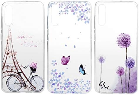 HomeFun 3PCS Cover for Samsung Galaxy A70 TPU Painting Case Silicone Lightweight Thin Flexible Shockproof Protective Phone Shell Purple Dandelion+Butterfly Love Flower+Bicycle Tower
