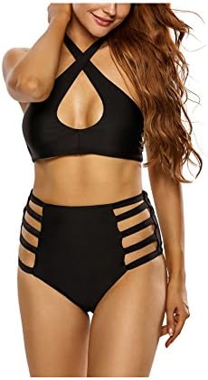 Lifeisbest Women Sexy Swimsuit Black Strappy Cutout Detail 2pcs Halter Swimsuit(XL(16-18))