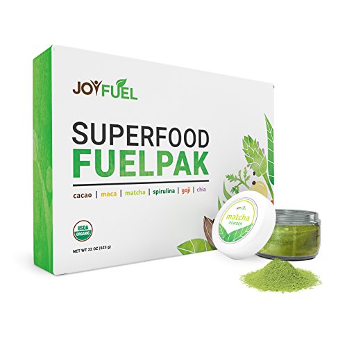 Joyfuel 6 Organic Superfoods Kit - Cacao Powder, Matcha Powder, Maca Powder, Spirulina Powder, Goji Berries, Chia Seeds - eRecipe Book & Coupon (100 servings) Joyfuel 6 Organic Superfoods Kit - Cacao Powder, Matcha Powder, Maca Powder, Spirulina Powder, Goji Berries, Chia Seeds - eRecipe Book & Coupon (100 servings)