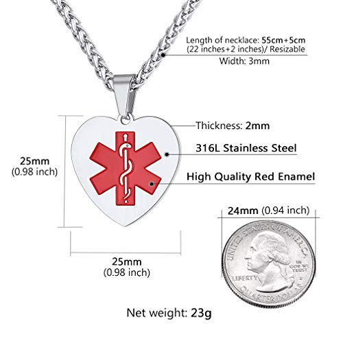 Supcare Heart Pendant Necklace Customized Engraved Medical Alert ID Tag Necklace Jewelry, Personalized Engraving Stainless Steel Medical Emergency Identification Jewelry for Women/Men/Kids