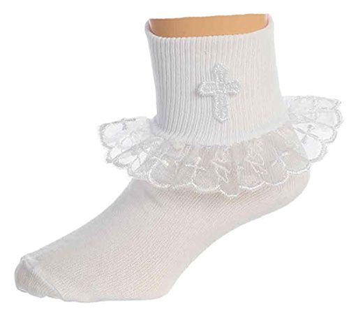 Girls White Baptism First Communion or Christening Socks with Cross .by Tip Top 3-5yr