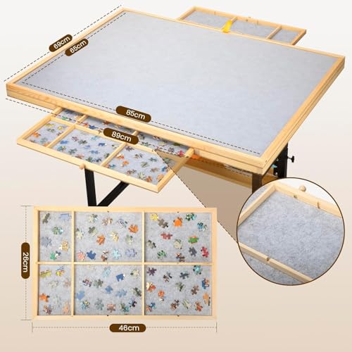 Jigsaw Puzzle Table 1500 Pieces Adjustable Height Puzzle Board, Puzzle Table Anti Slip Felt with Leg Rolling, Sorting Drawer, Cover and Storage for Adults Birthday Gift
