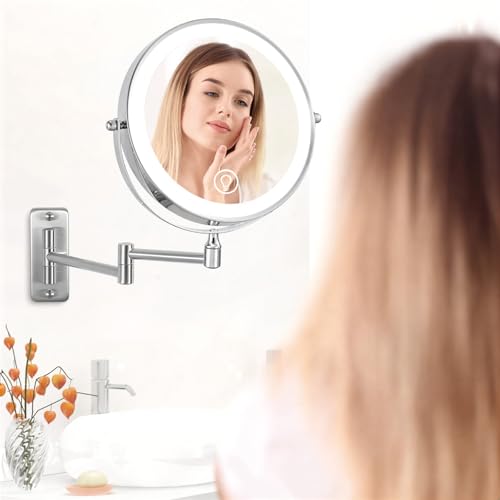 GALASALA Espejo con Luz Montado en Pared, Espejo de Maquillaje 8 Pulgadas con Aumento 10X/1X, Espejo de Tocador para Baño con Brazo Extensible, Rotación 360°, 3 Modos de Color