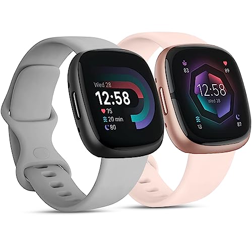 Tobfit [2 Pack] Strap for Fitbit Versa 3/Sense/Sense 2/Versa 4 - Silicone Replacement Wristband Watchband - Small/Large (Grey+Pink, Small) — image 1