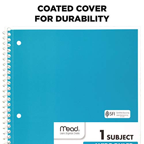 Mead Spiral Notebooks, 1 Subject, Wide Ruled Paper, 70 Sheets, 101/2 x