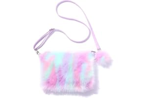 Suerico Girls Fluffy Crossbody Purse Plush Rainbow Shoulder Bag Kids Crossbody Bag Handbag