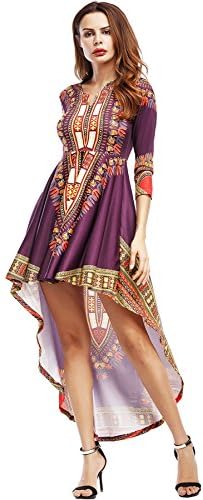 Arctic Cubic 3/4 Sleeve Baroque Ethnic Tribal African Aztec High Low Hem Irregular Hem Pleated Long Maxi A-Line Dress Purple S