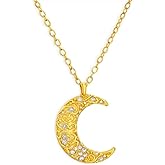 ERLOSYA 14K Gold Plated Crescent Moon Necklace for Women – Textured Celestial Pendant with Cubic Zirconia, Elegant Link Chain Layering Jewelry, Spiritual Astrology Gift for Wife Mom